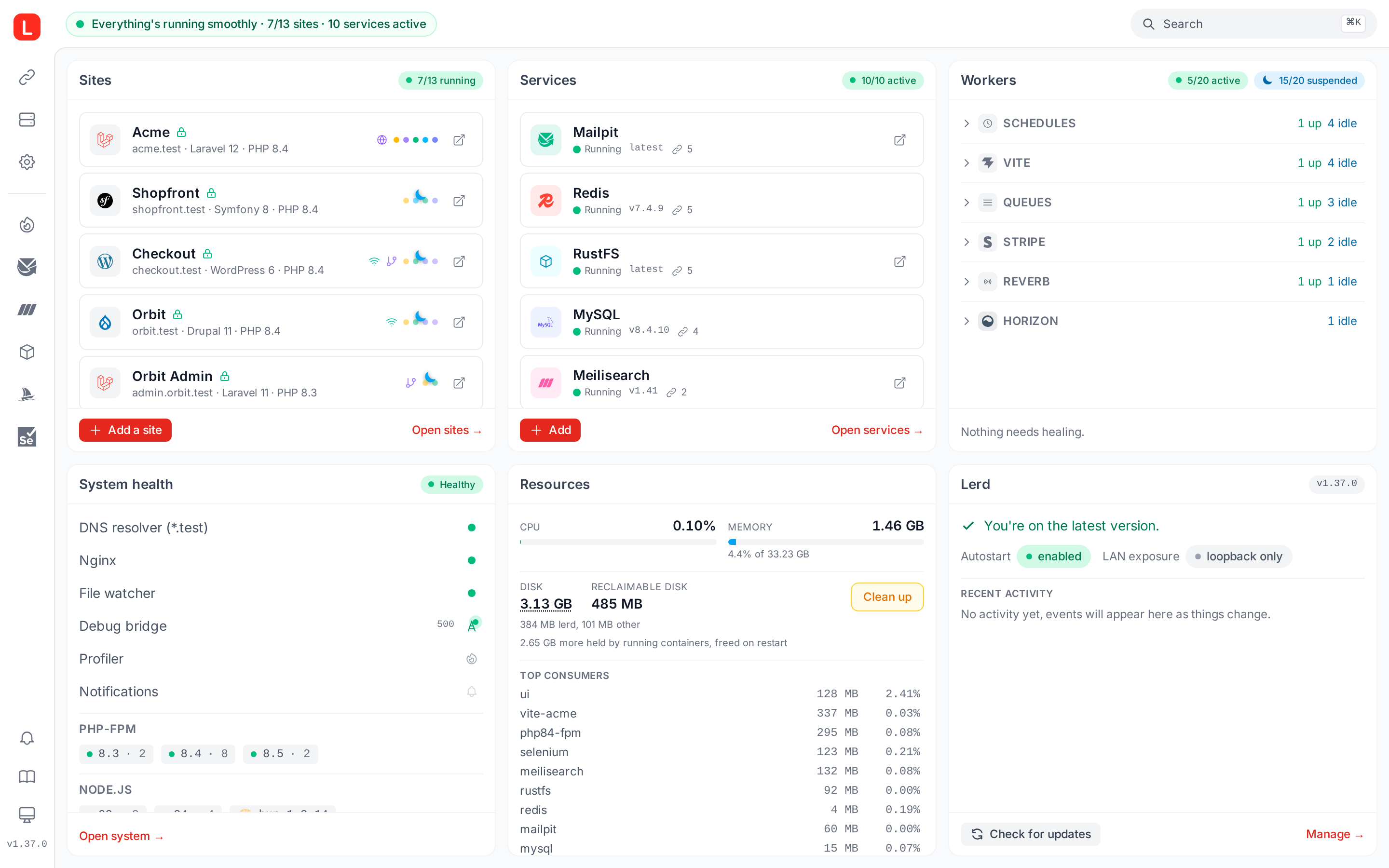 Lerd web dashboard with sites, services and workers