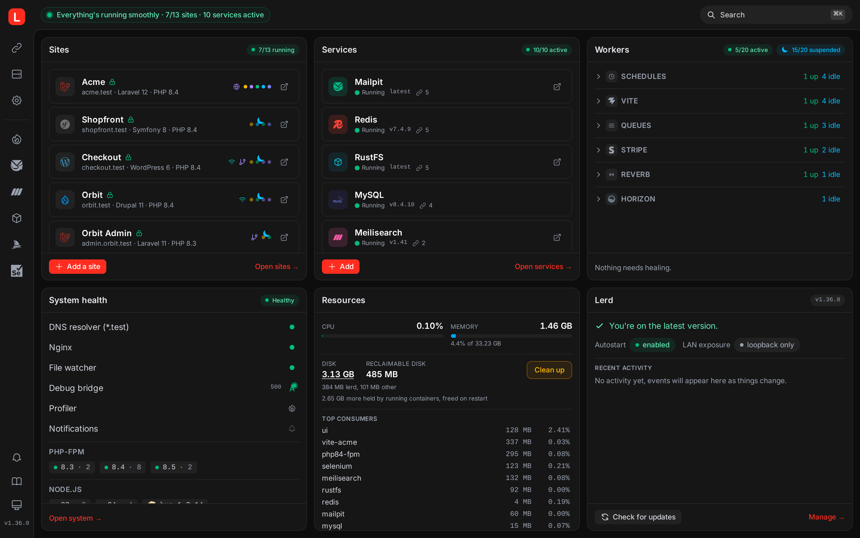 Lerd web dashboard with sites, services and workers