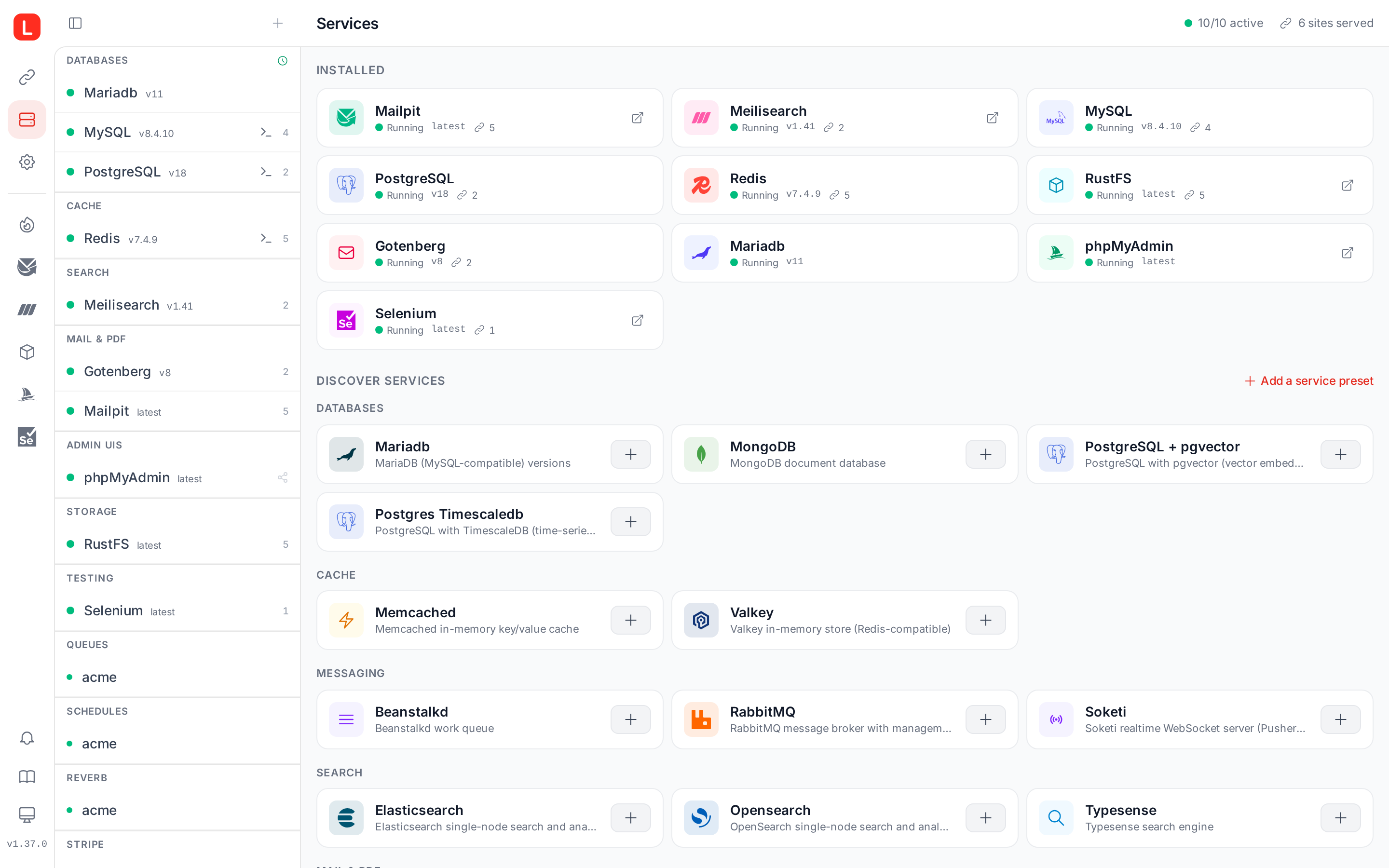 Lerd services page with installed databases, caches, search and mail services
