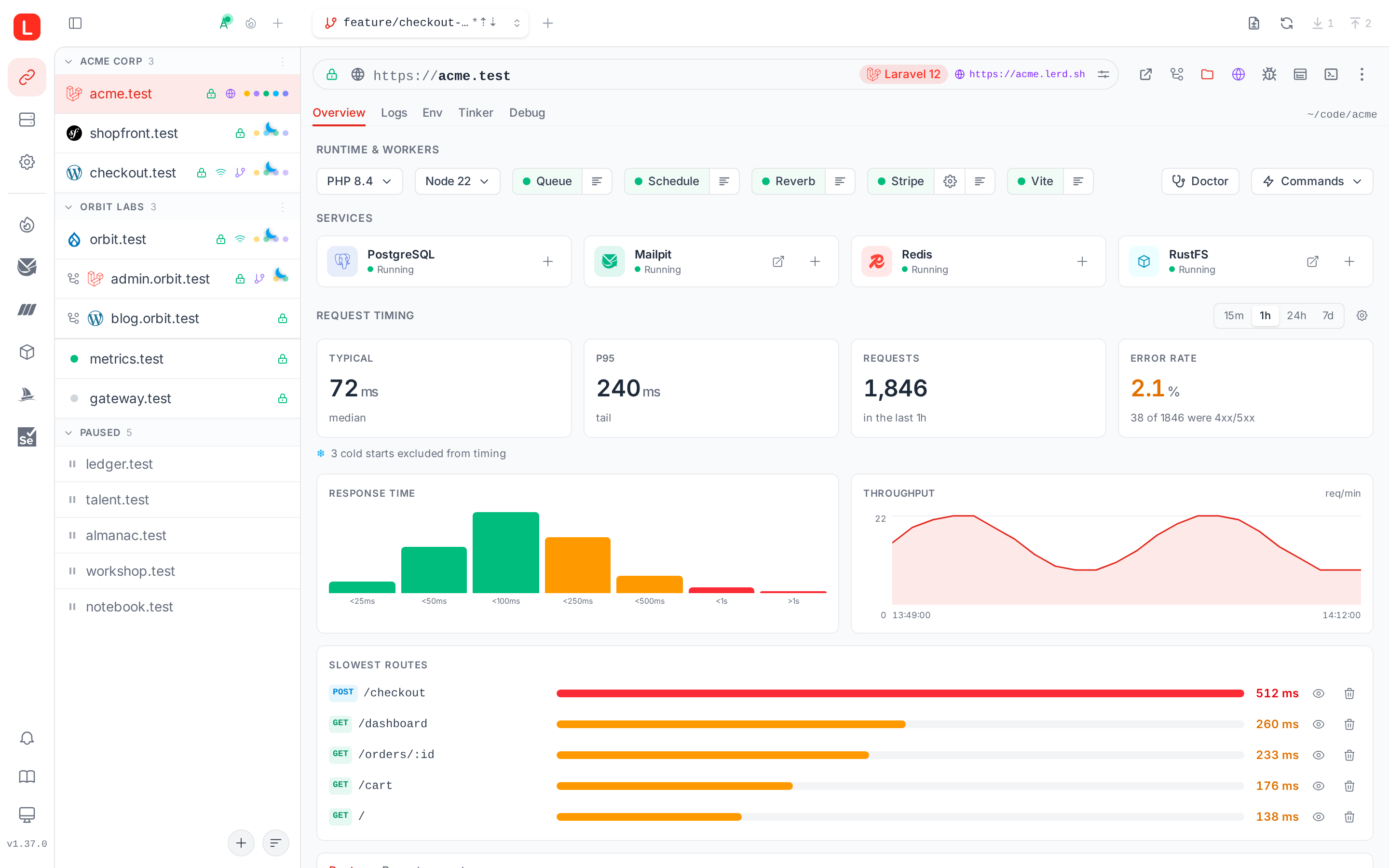 Lerd site page with runtime, workers, services and request timing for acme.test