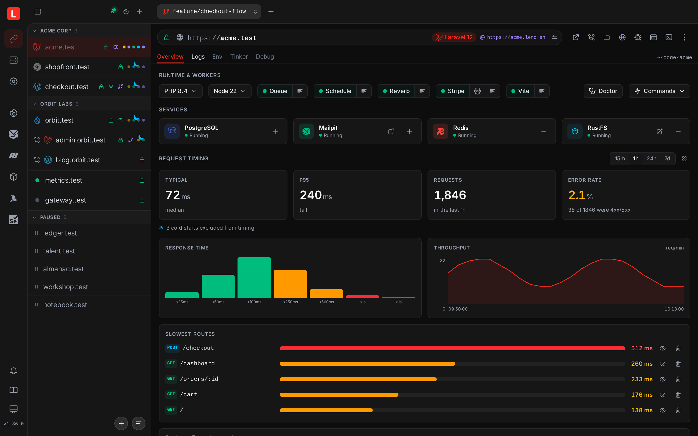 Lerd site page with runtime, workers, services and request timing for acme.test