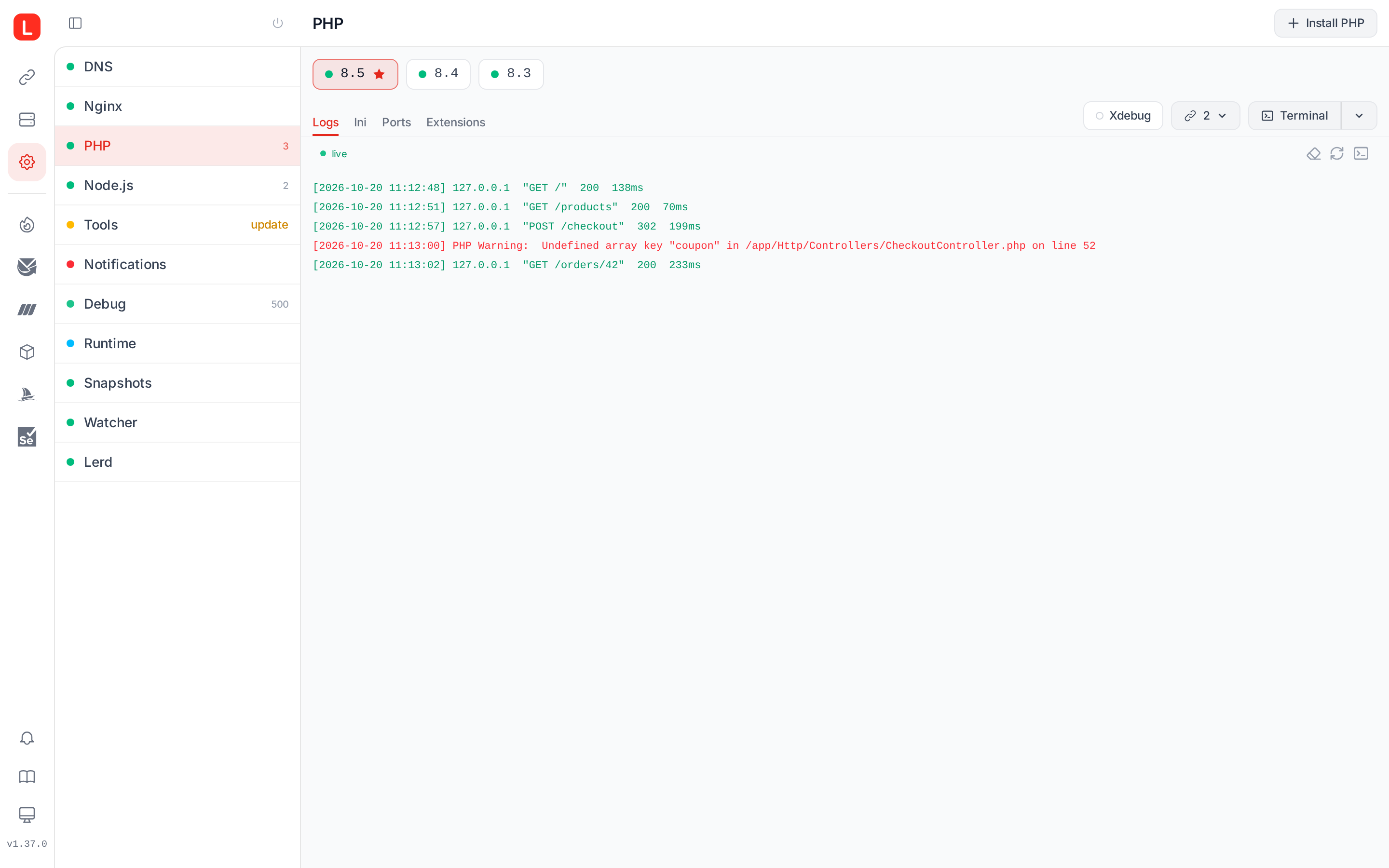 Lerd PHP page with installed PHP-FPM versions and live PHP logs