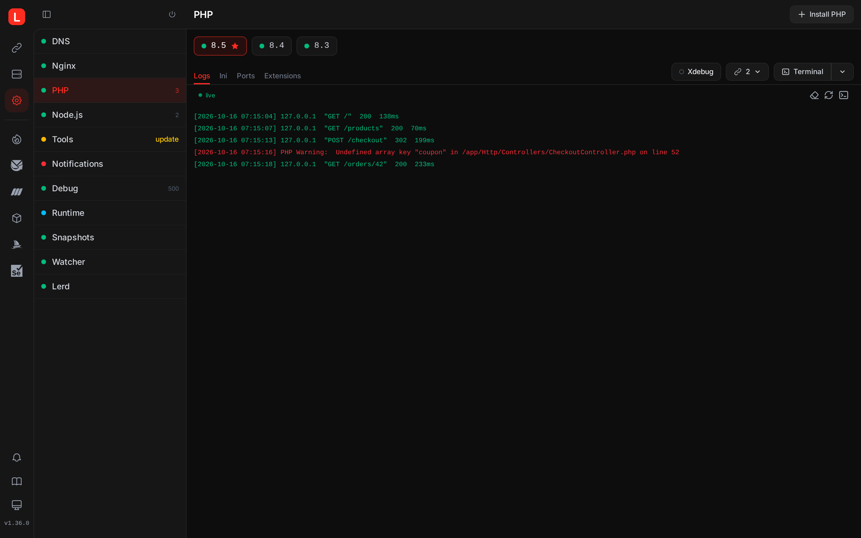 Lerd PHP page with installed PHP-FPM versions and live PHP logs