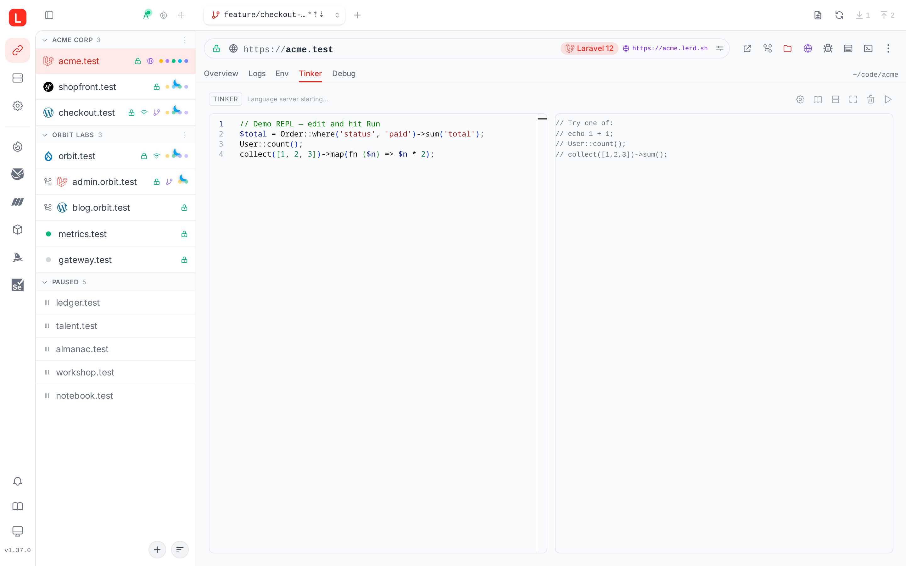 Lerd Tinker REPL in the browser, the same PHP shell AI assistants drive over MCP