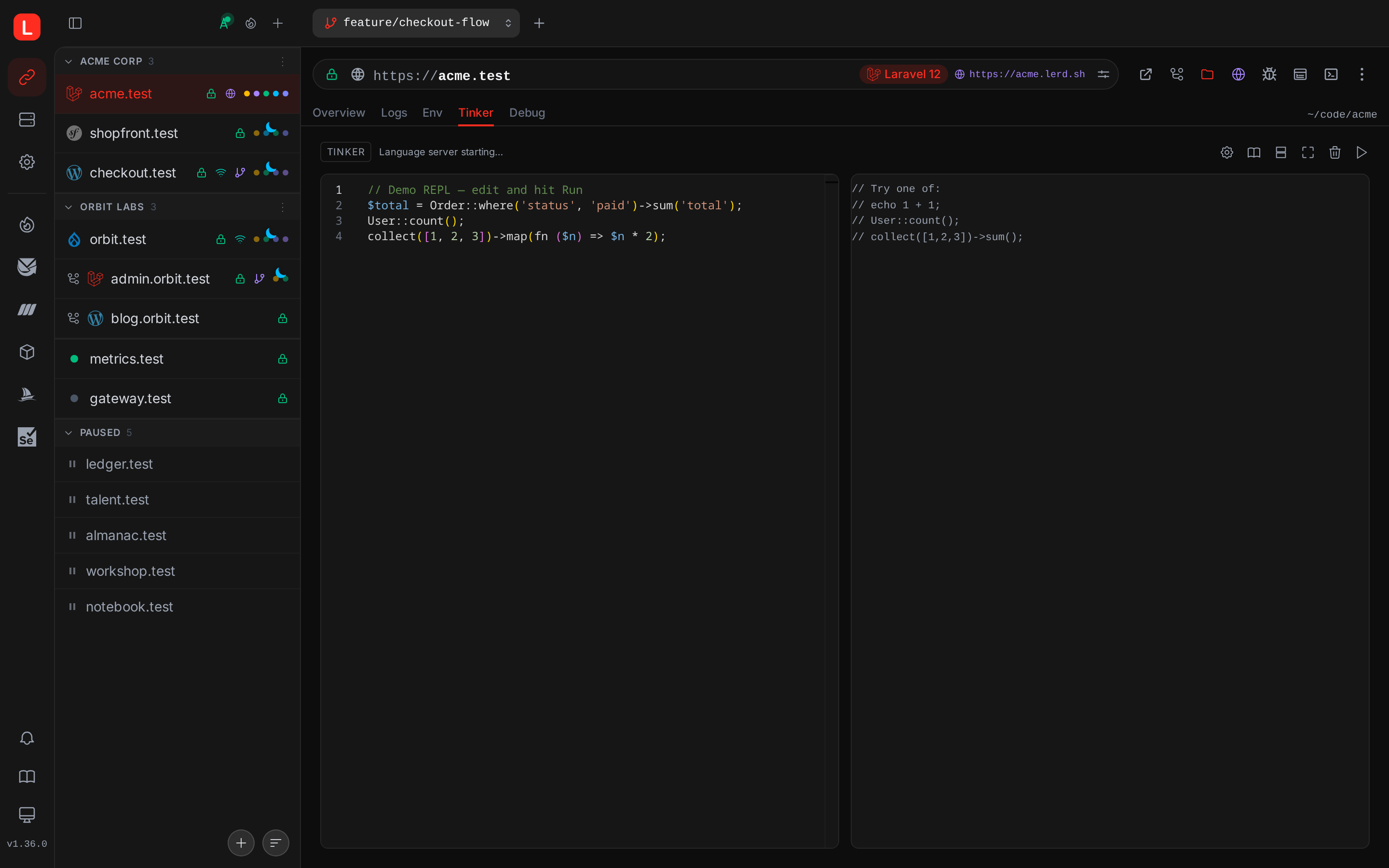 Lerd Tinker REPL in the browser, the same PHP shell AI assistants drive over MCP