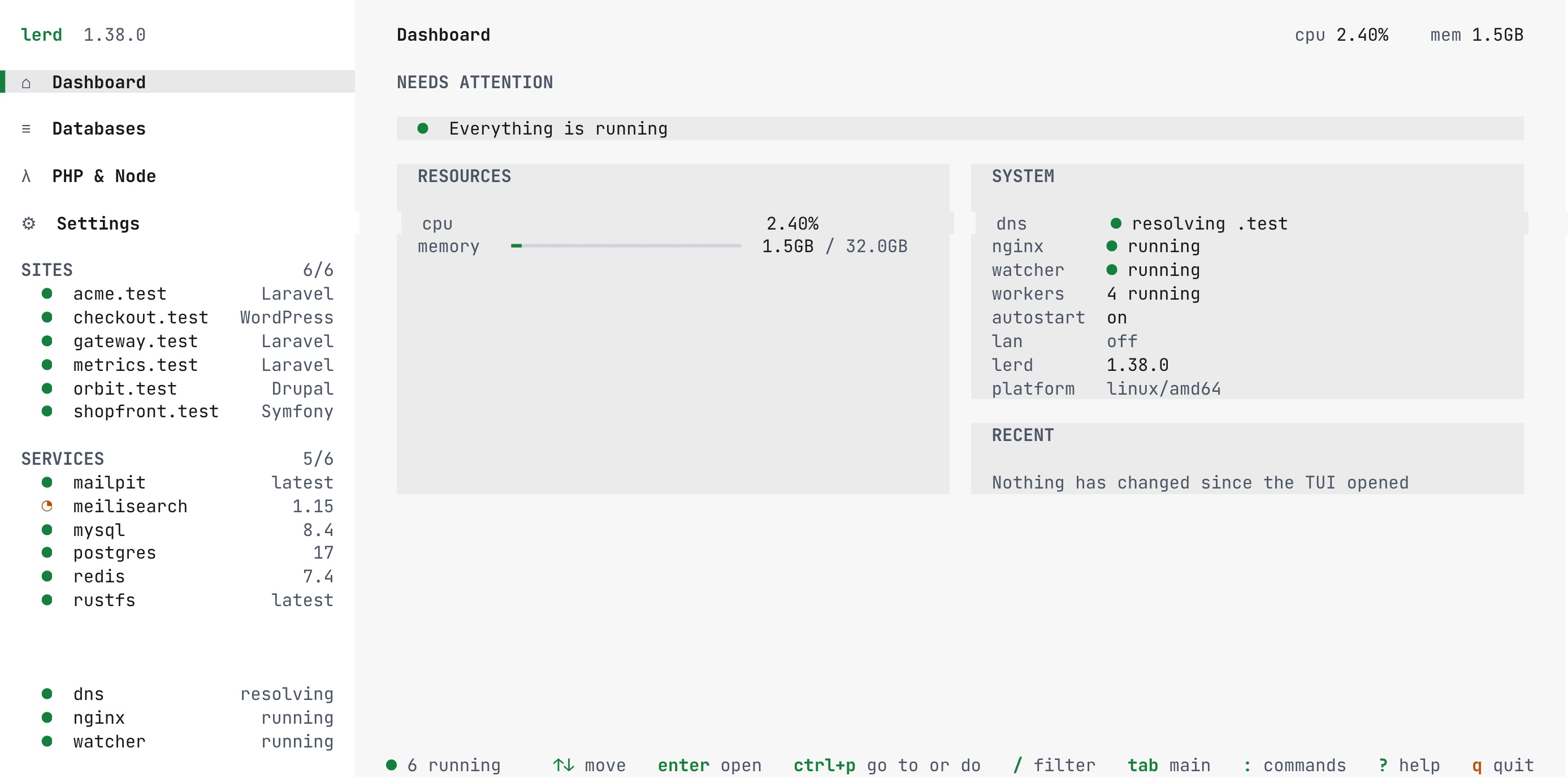 Lerd terminal dashboard (TUI) with sites, services, resources and system status
