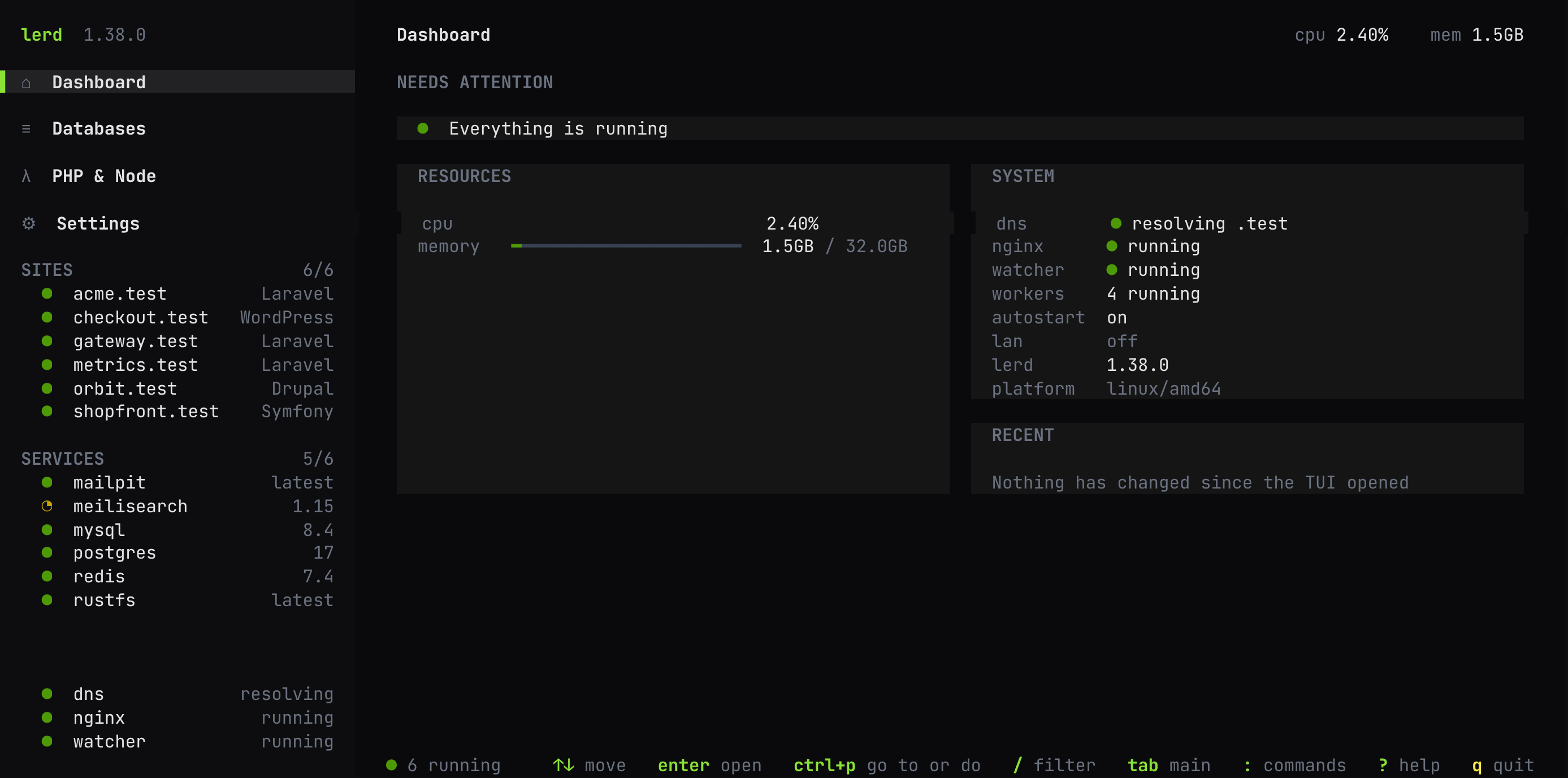 Lerd terminal dashboard (TUI) with sites, services, resources and system status