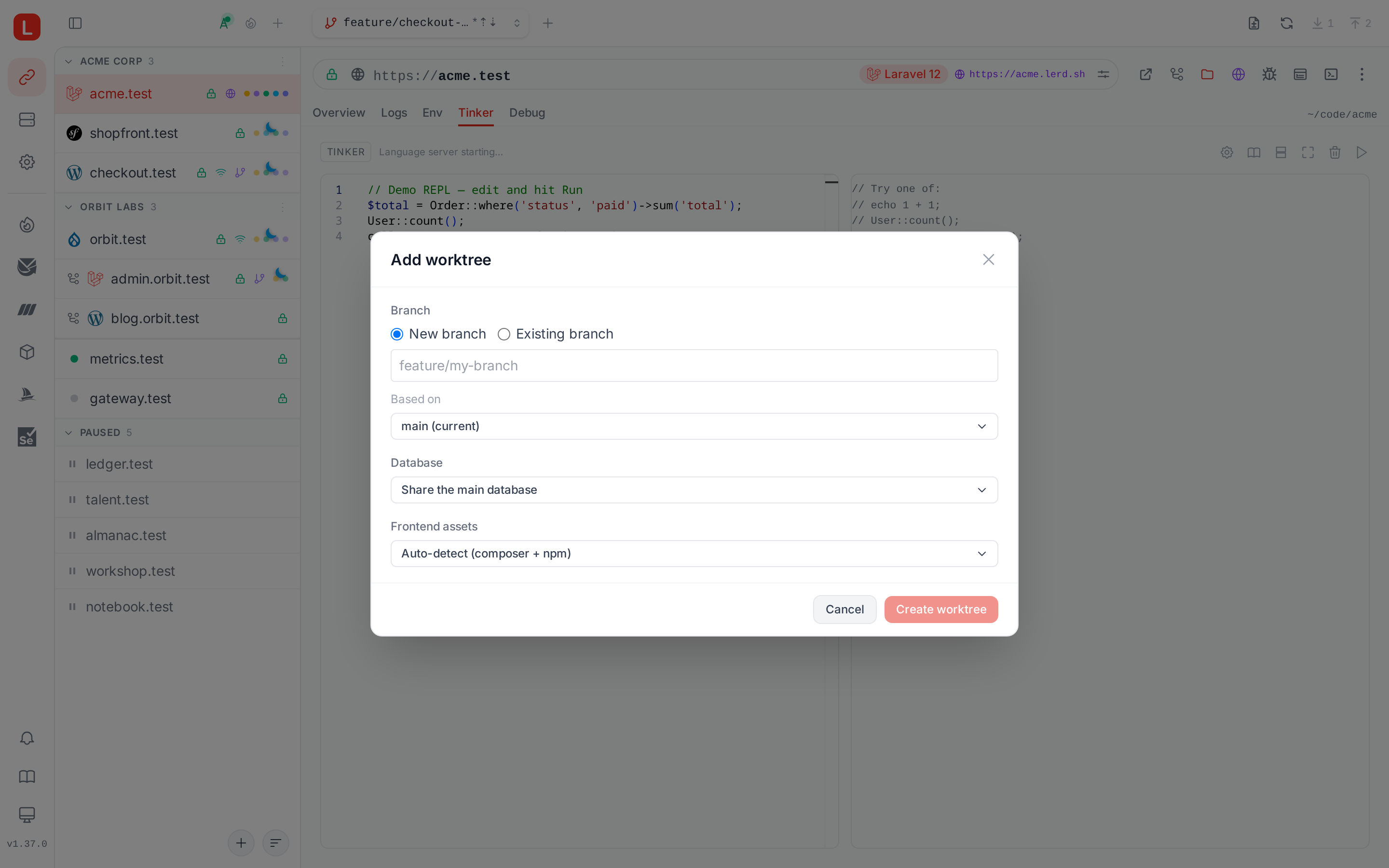 Lerd add worktree dialog with branch, base, database and frontend asset options