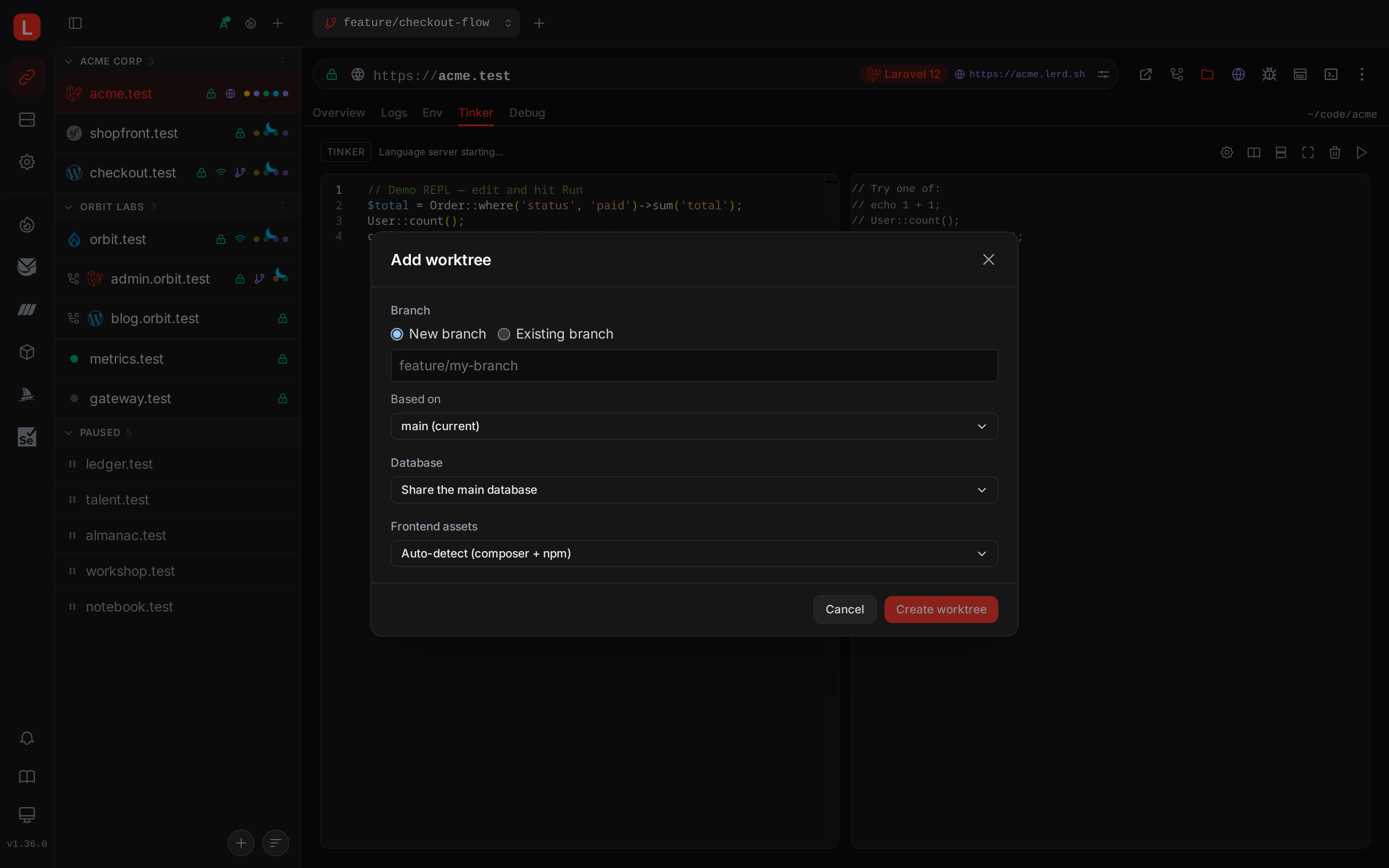 Lerd add worktree dialog with branch, base, database and frontend asset options