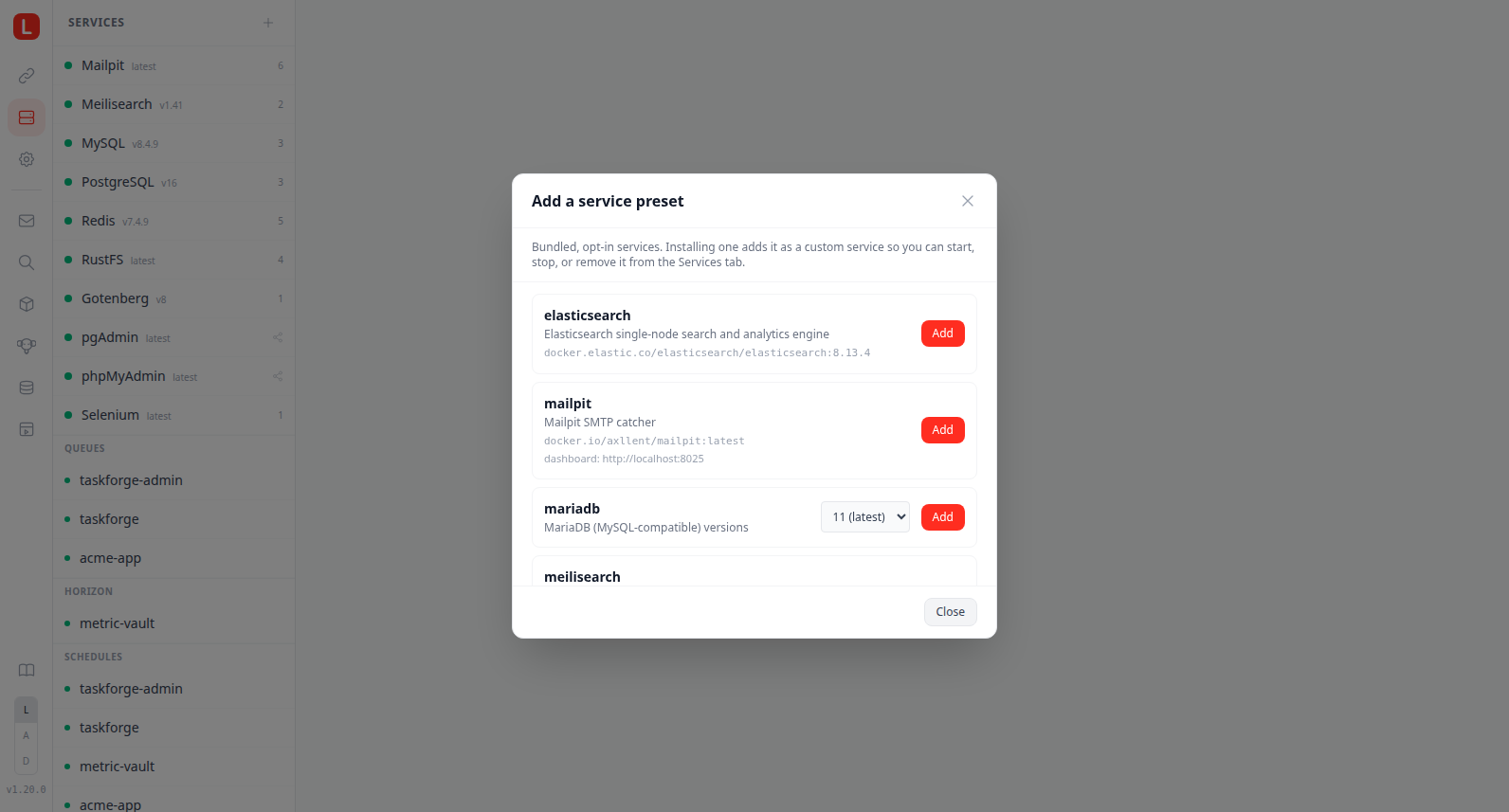 Service preset picker modal