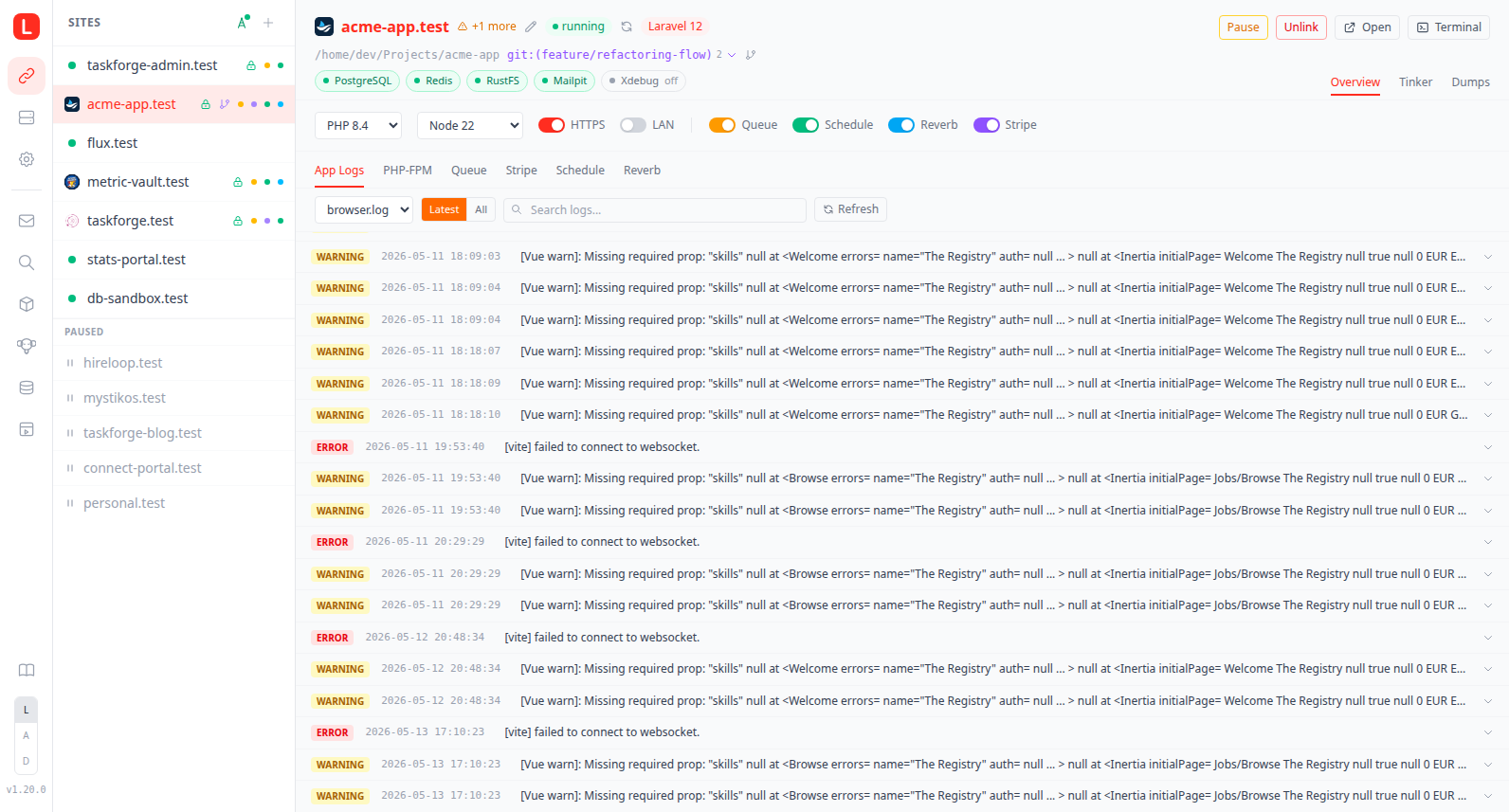 App Logs tab on the site detail