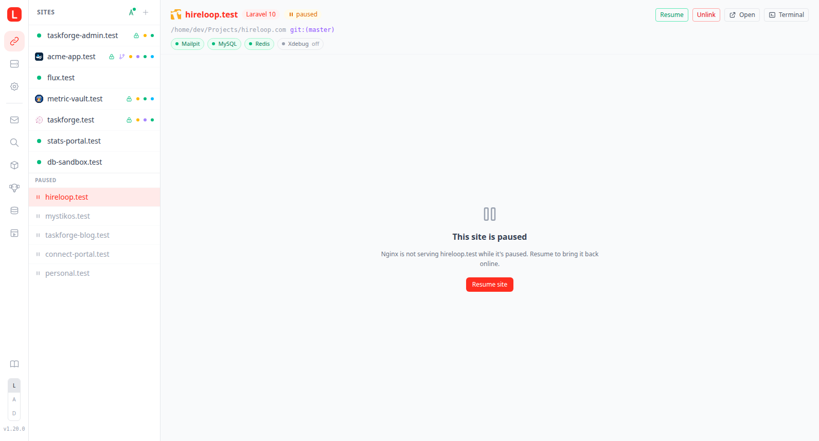 Paused site detail with the Resume placeholder