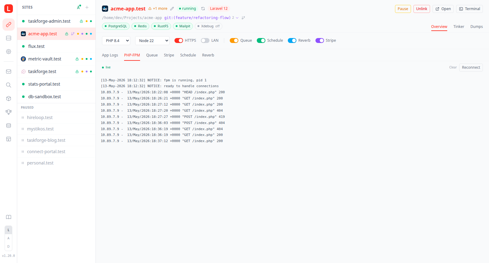 Live PHP-FPM log tab