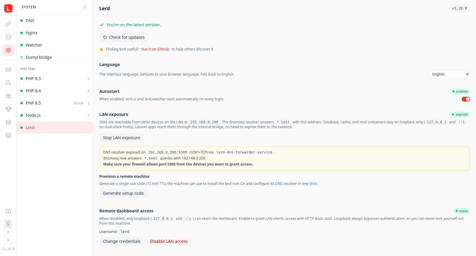 System → Lerd settings with the language picker