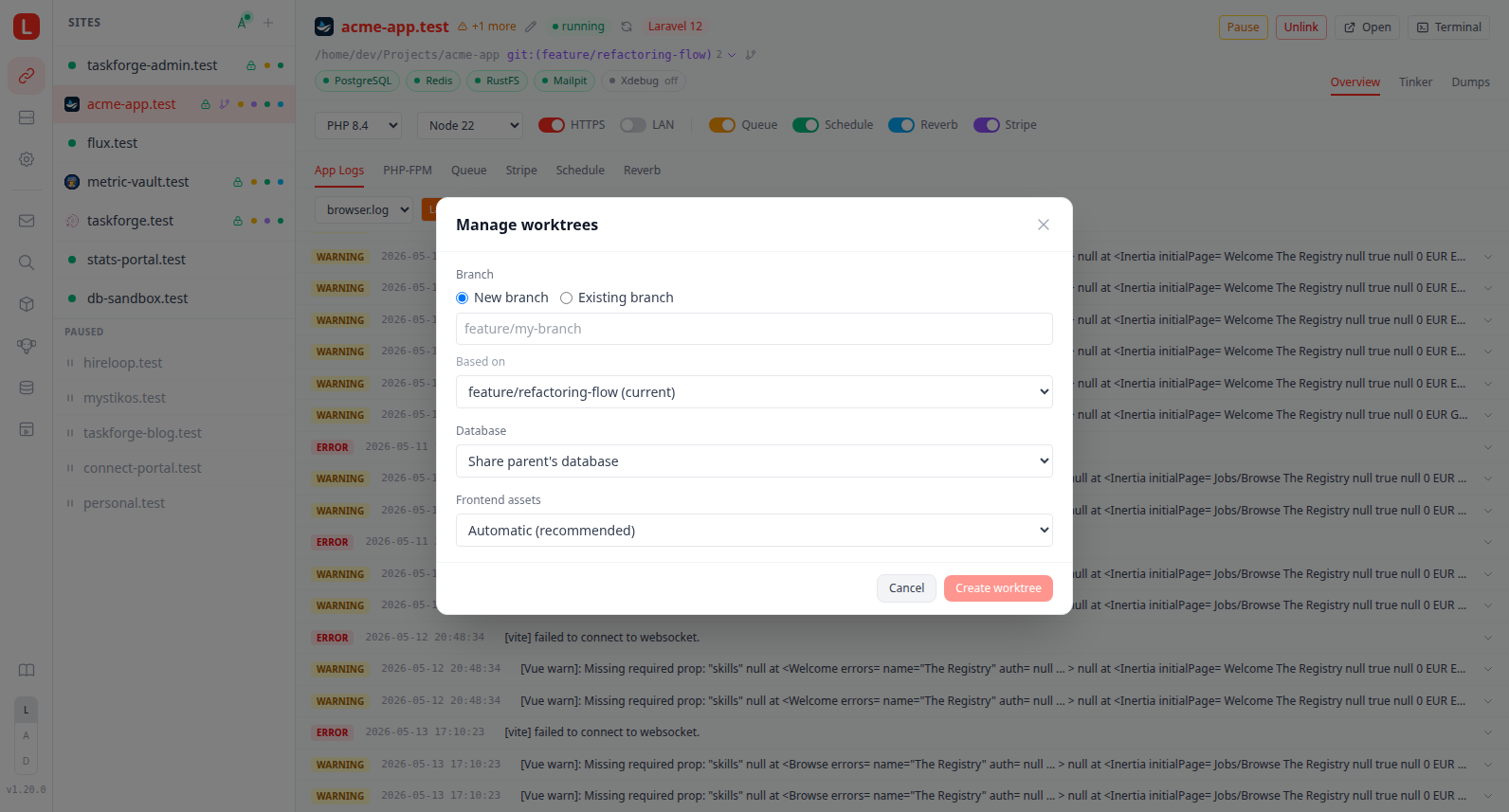 Add worktree form inside the modal