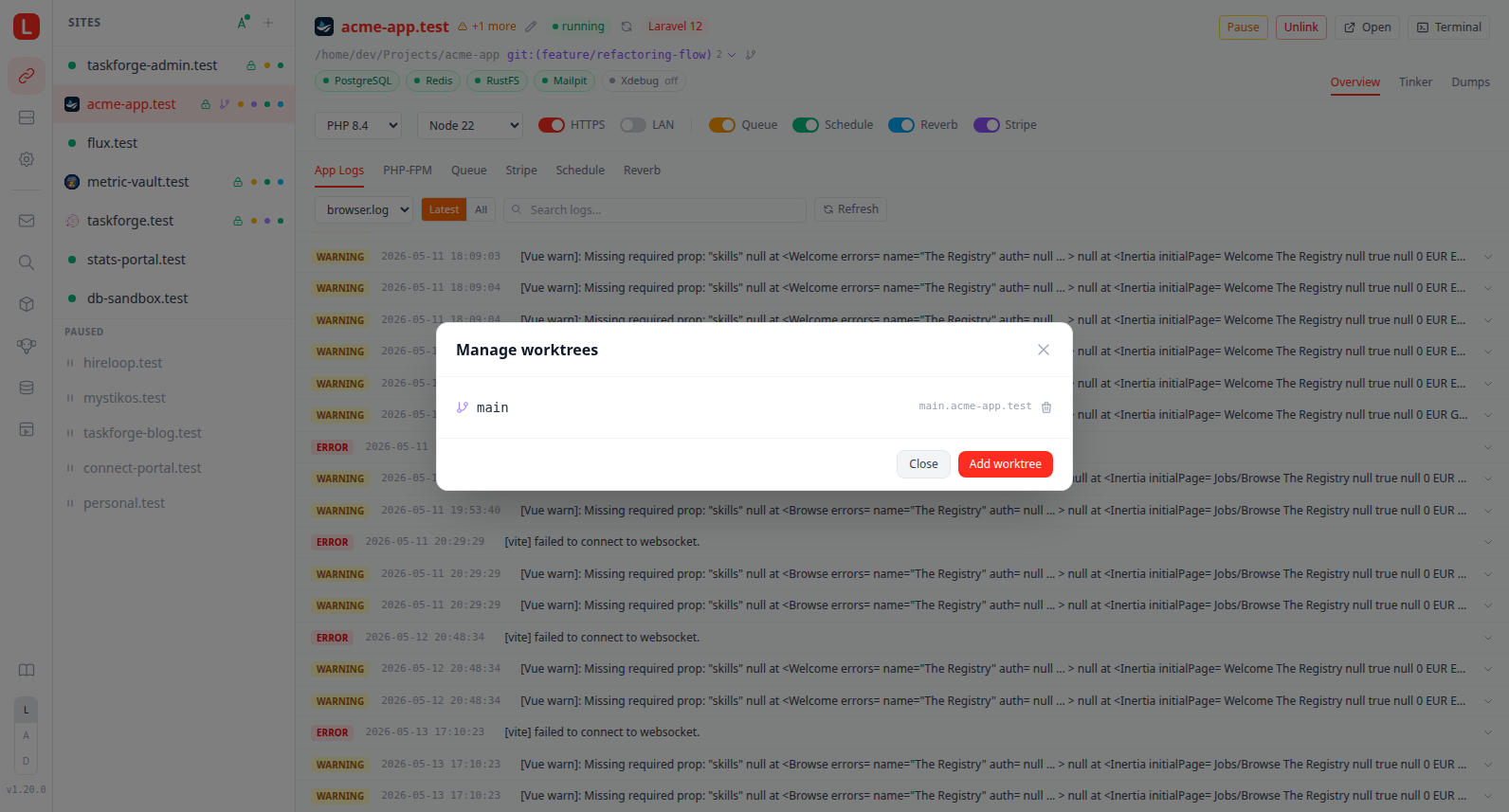 Worktree management modal, list view